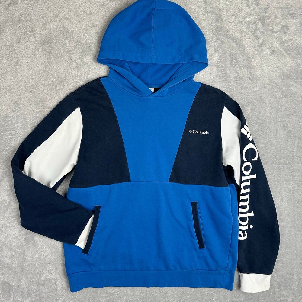 Columbia Mens Medium Lodge Colorblock Fleece Pullover Hoodie Blue Navy Gorpcore